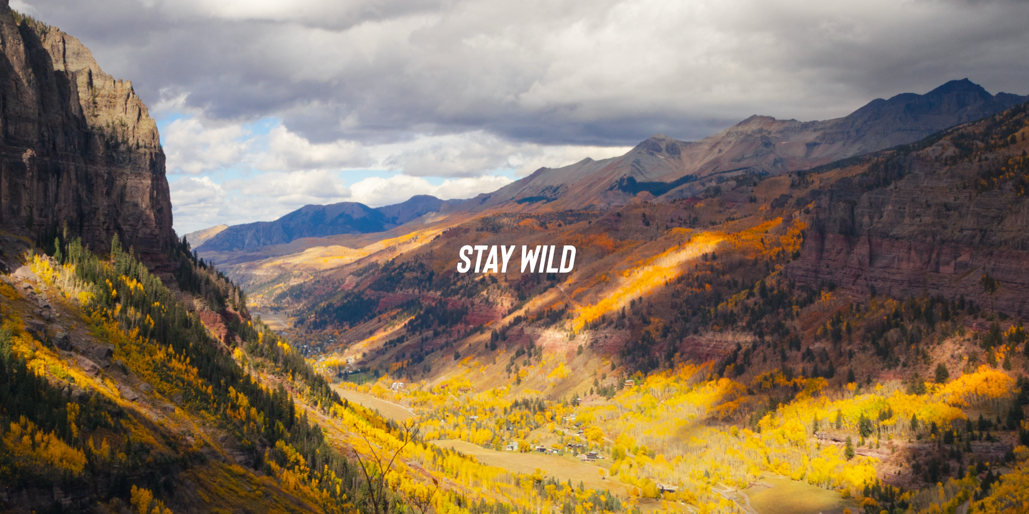 Mountainous landscape with autumn colors and 'Stay Wild' text