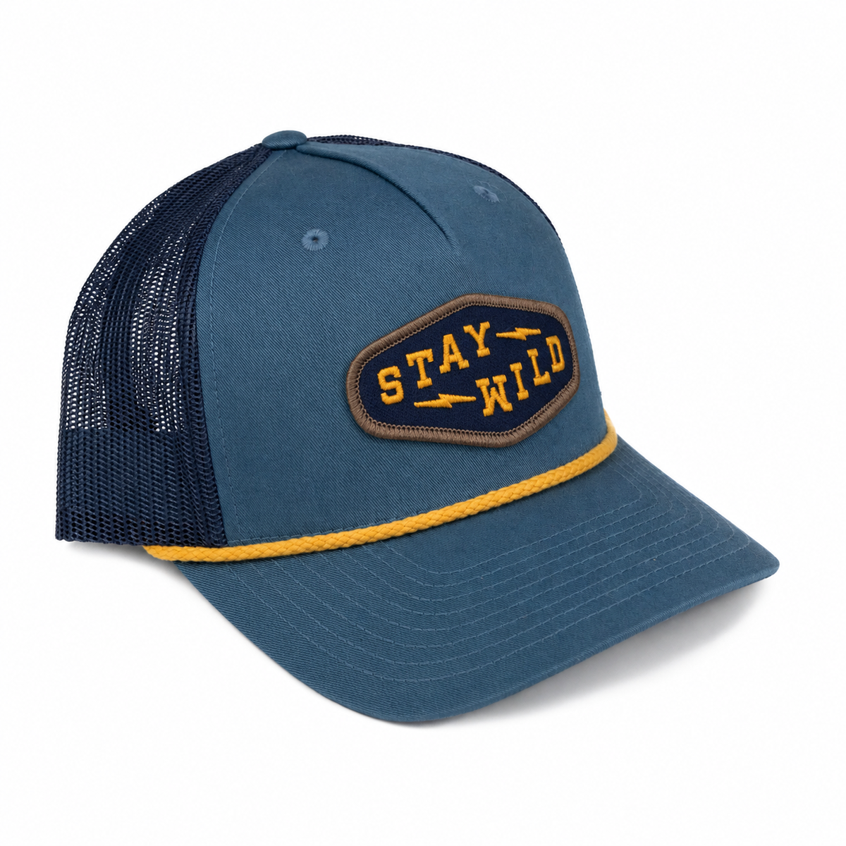 Stay Wild Diamond Rope Trucker Hat - Pale Navy/ Navy/ Golden Wheat