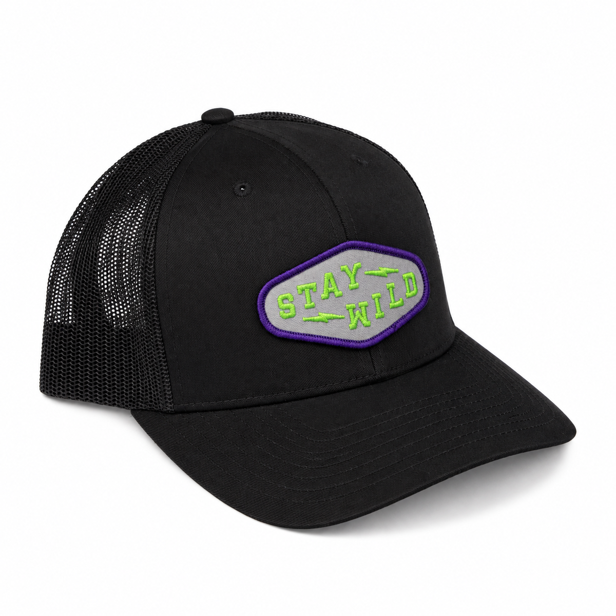 Stay Wild Diamond Trucker Hat - Black/ Black