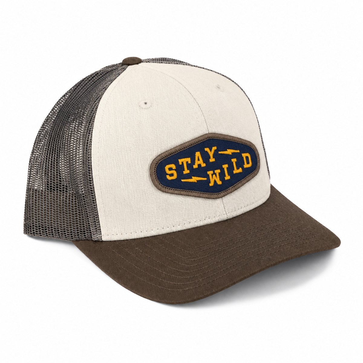 Stay Wild Diamond Trucker Hat - Cream/ Gray Brown/ Brown