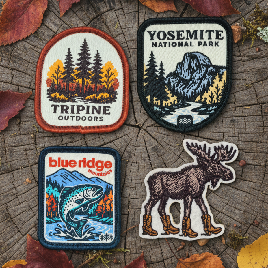 Set of nature-themed patches on a wooden surface with autumn leaves